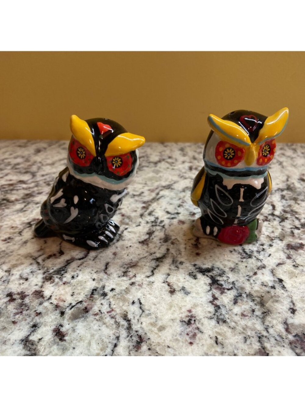 Cracker Barrel Halloween Owl Salt Pepper Shakers Skeleton Goth Stoneware Box